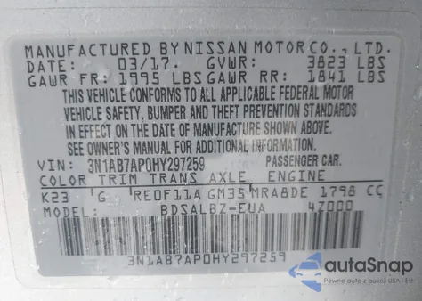 2017 Nissan Sentra S z USA, uszkodzony, nr VIN 3N1AB7AP0HY297259